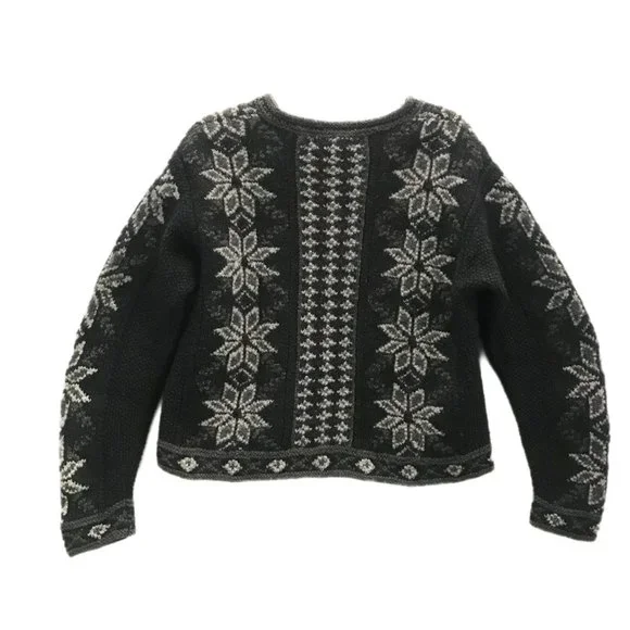 NOMADIC TRADERS Womens M Black Wool Fair Isle Zip Cardigan Sweater By Hand - Picture 2 of 11